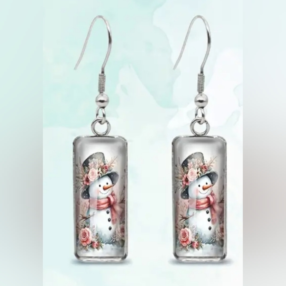 Christmas earrings Holiday pink Snowman horizontal Crystal Glass Dangling